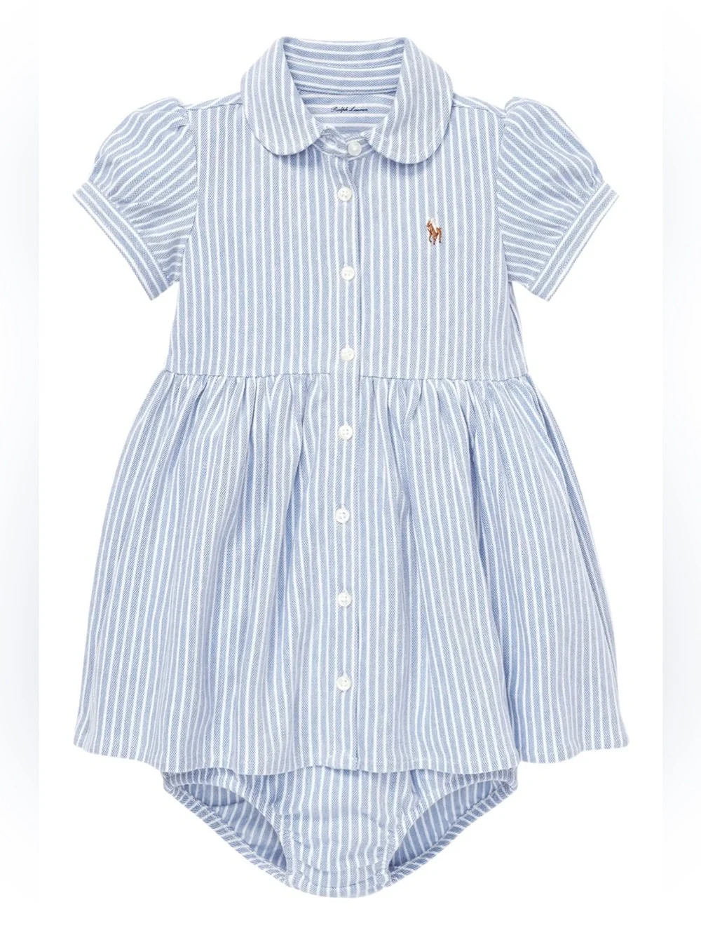Ralph Lauren Girls Oxford Blue Stripe Piqué Polo Dress & Bloomers Size 24 months
